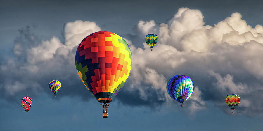 Panorama of Hot Air Balloons and Cloudy Sky at a Balloon Festival Photograph by Randall Nyhof