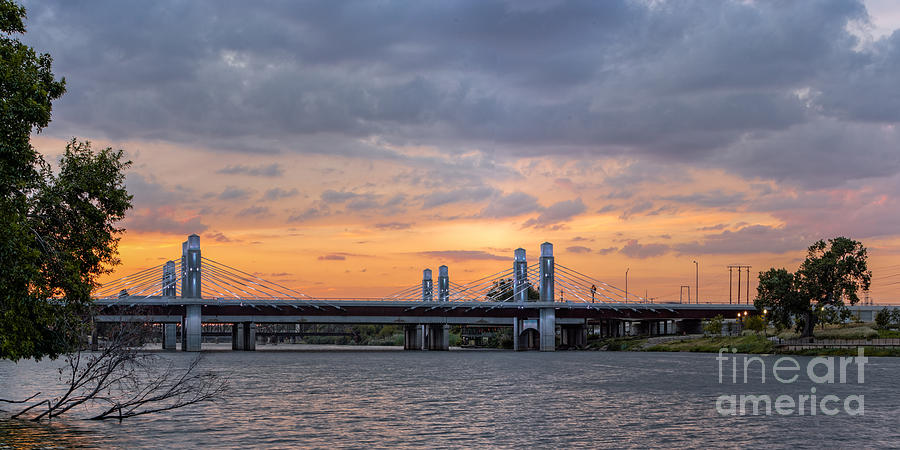 Panorama of I-35 Jack Kultgen Highway Bridges at Sunset from the Brazos Riverwalk - Waco Texas Photograph by Silvio Ligutti