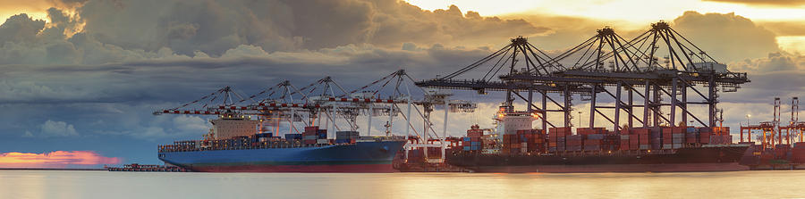 Panorama of logistic port with container loading and vessel Photograph by Anek Suwannaphoom