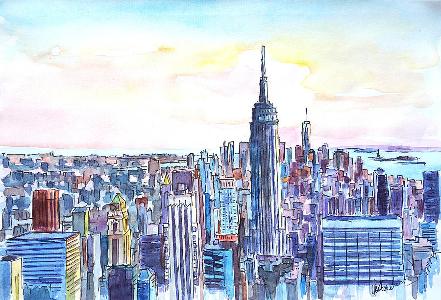 New York Painting - Panorama of Manhattan Skyline with Brooklyn by M Bleichner