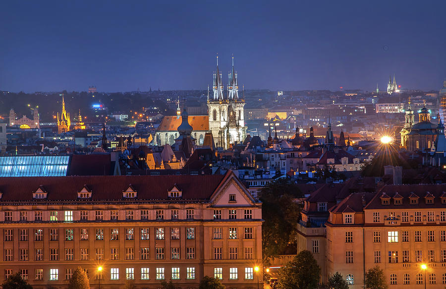 Architecture Photograph - Panorama of Night Prague by Jenny Rainbow