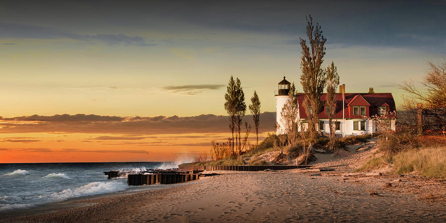 Panorama of Point Betsie Lighthouse at Sunset Photograph by Randall Nyhof