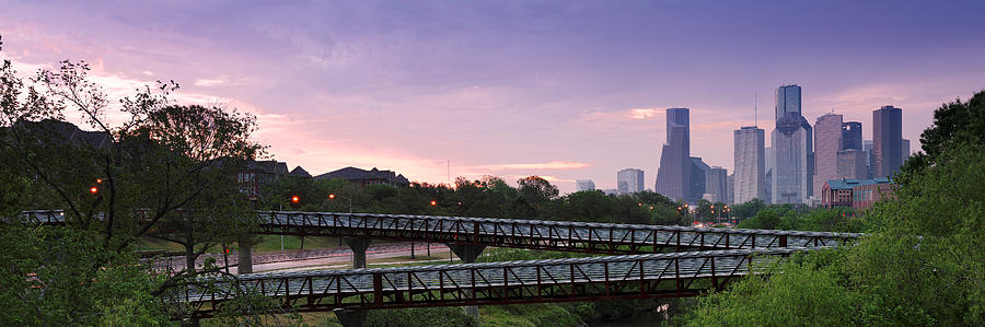 Panorama of Rosemont Bridge Over Buffalo Bayou at Sunrise - Downtown Houston Skyline Texas Photograph by Silvio Ligutti