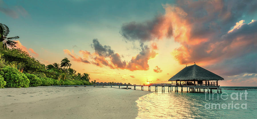 Sunset Photograph - Panorama of small island resort in Maldives, Indian Ocean by Michal Bednarek