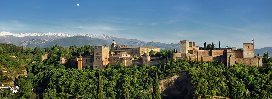 Panorama of snow on Sierra Nevada Mountains and Alhambra Palace