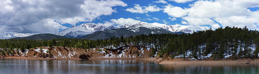 Panorama of South Catamount Reservoir with Pikes Peak Covered i Photograph by Bridget Calip