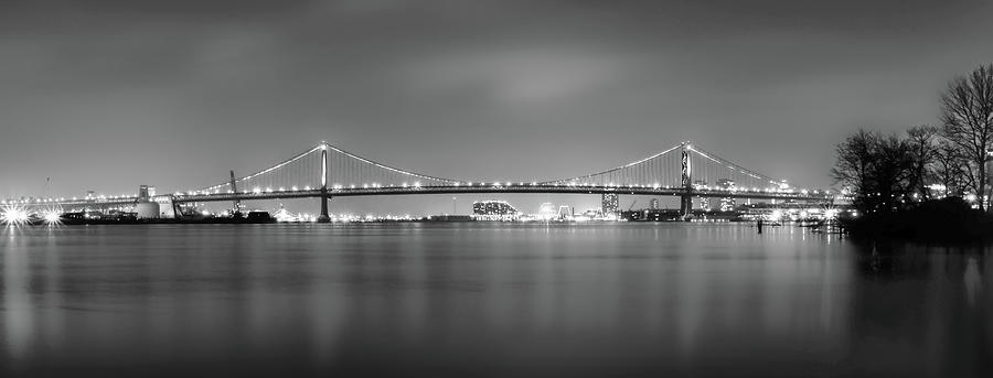 Panorama of the Benjamin Franklin Bridge - Black and White Photograph by Bill Cannon