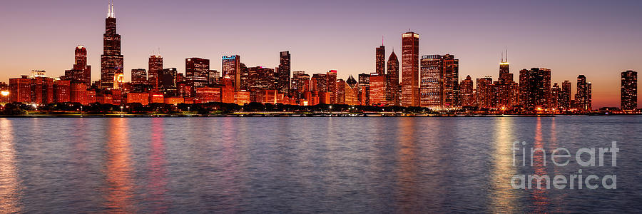 Chicago Photograph - Panorama of the Chicago Skyline at Twilight from Adler Planetarium - Chicago Illinois by Silvio Ligutti