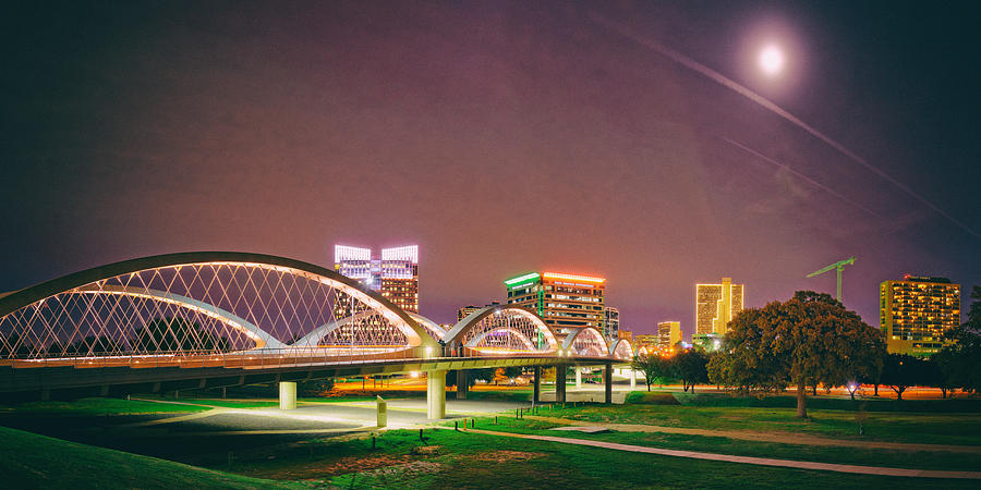 Panorama of the Seventh Street Bridge and Downtown Fort Worth with Full Moon Above - Trinity River Photograph by Silvio Ligutti