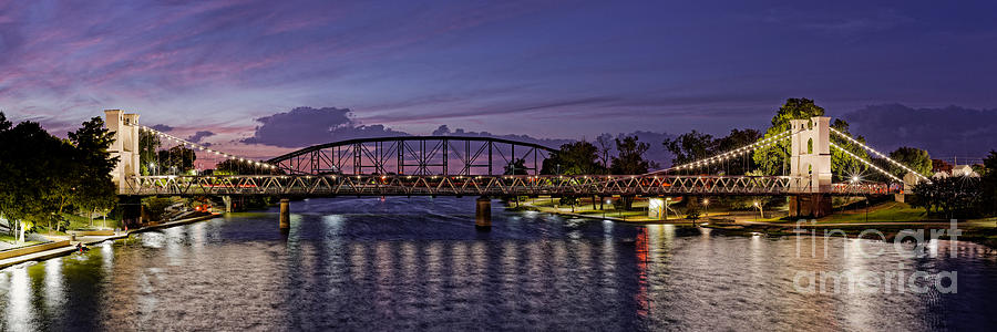 Panorama of Waco Suspension Bridge Over the Brazos River at Twilight - Waco Central Texas Photograph by Silvio Ligutti