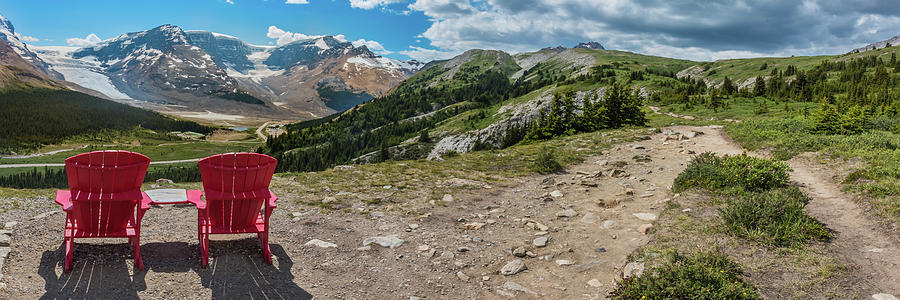 Panorama Pair of Red Chairs on the Trail Up to Wilcox Pass Photograph by Kelly VanDellen