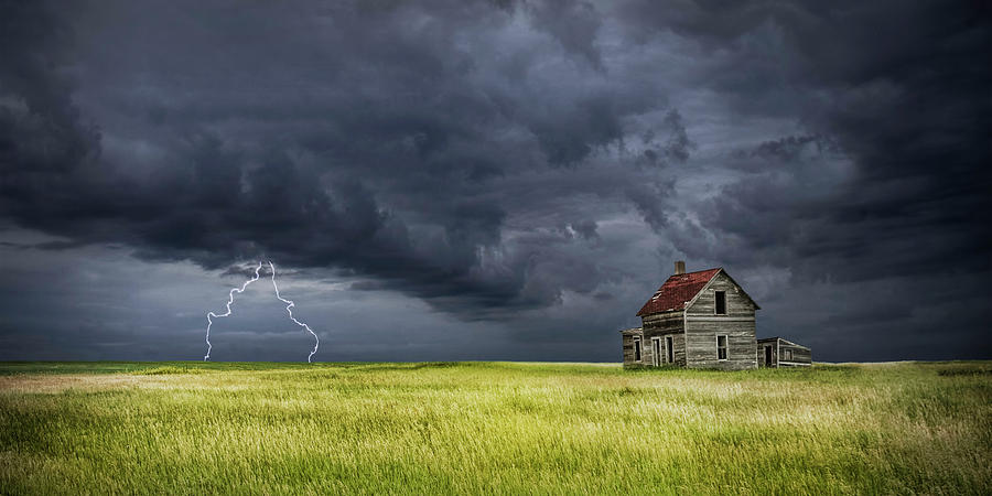 Panorama Photograph of a Thunderstorm on the Prairie with abandoned farmhouse Photograph by Randall Nyhof