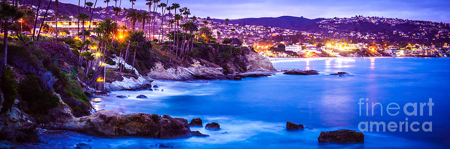 Beach Photograph - Panorama Picture of Laguna Beach City at Night by Paul Velgos