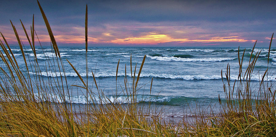 Panorama Sunset on a Lake Michigan Beach Photograph by Randall Nyhof