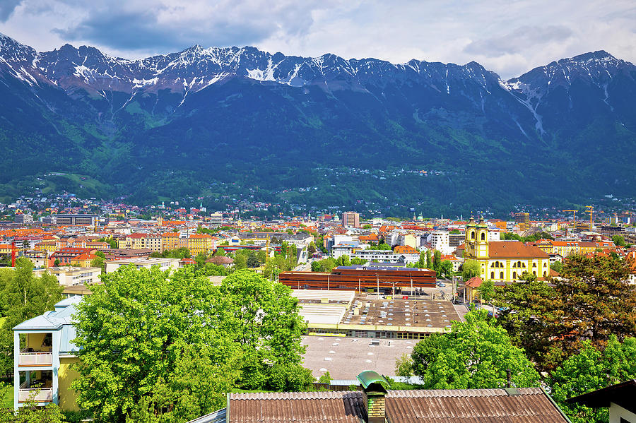 Panoramic aerial view of Innsbruck and Hafelekarspitze mountain Photograph by Brch Photography