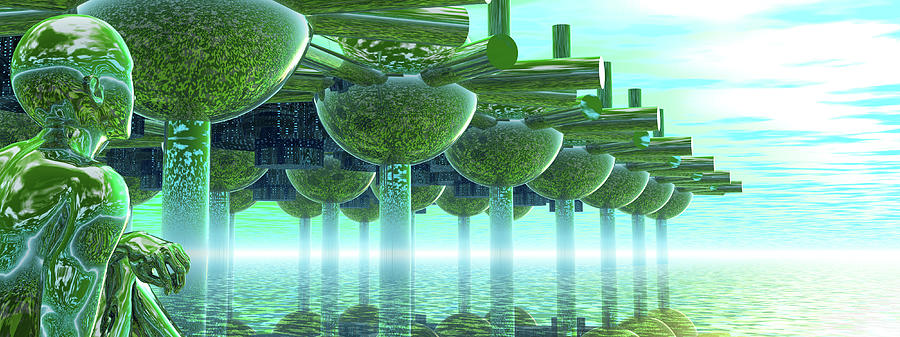 Panoramic Green City and Alien or Future Human Digital Art by Nicholas Burningham
