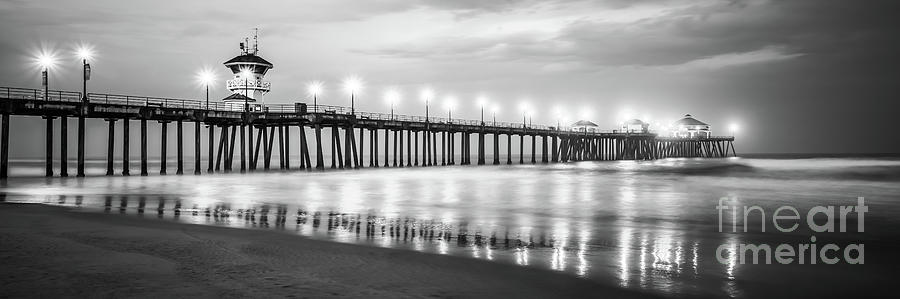 Huntington Beach Photograph - Panoramic Huntington Pier Black and White Photo by Paul Velgos