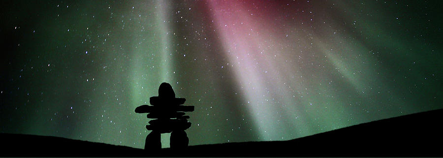 Nature Digital Art - Panoramic Inukshuk Northern Lights by Mark Duffy