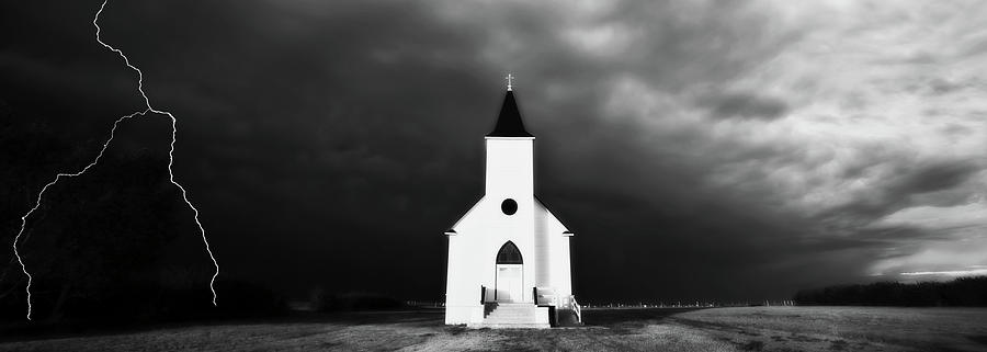 Panoramic Lightning Storm and Prairie Church 2 Digital Art by Mark Duffy