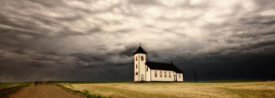 Panoramic Lightning Storm and Prairie Church Digital Art by Mark Duffy