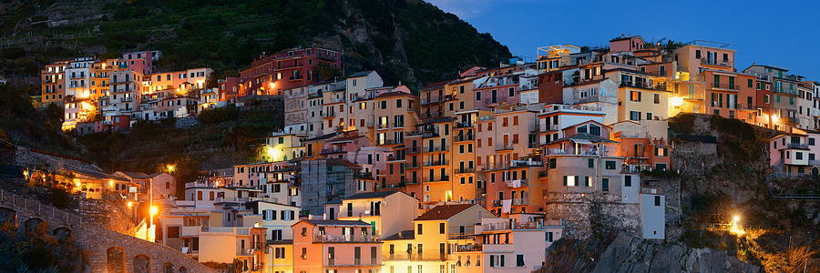 Panoramic Manarola buildings in Cinque Terre night Photograph by Songquan Deng