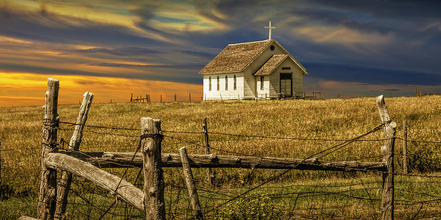 Panoramic of Old Rural Country Church at Sunset on the Prairie Photograph by Randall Nyhof