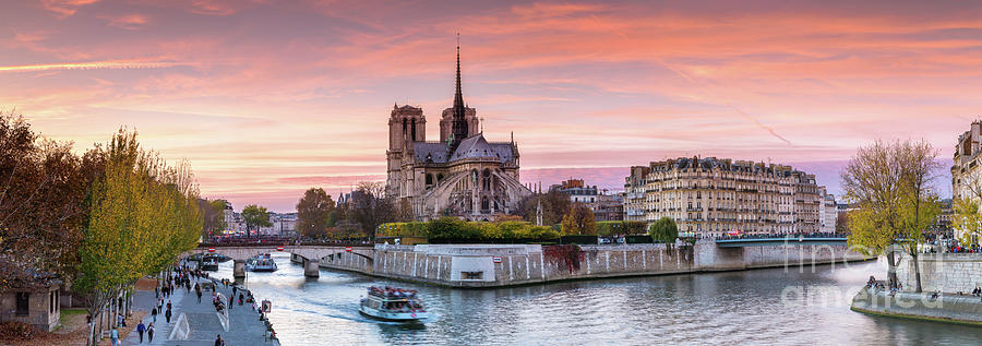 Panoramic of river Seine and Notre Dame at sunset, Paris Photograph by Matteo Colombo