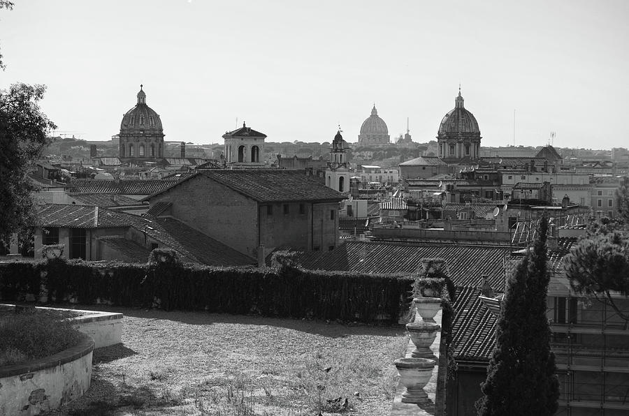 Panoramic Rome Skyline Domes from the back of Capitoline Hill Black and White Photograph by Shawn OBrien
