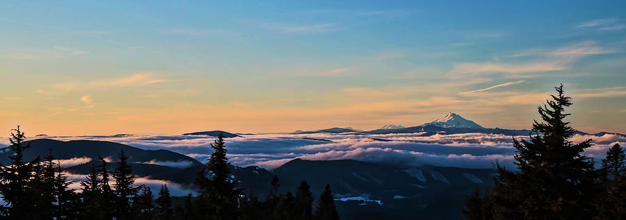 Panoramic Sunrise from Mt Hood Looking at Mt. Jefferson Photograph by Bruce Block