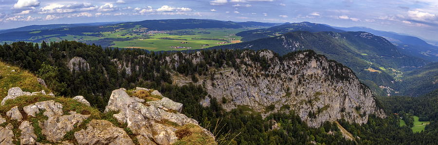 Panoramic view from the Creux-du-Van or Creux du Van rocky cirque, Neuchatel canton, Switzerland Photograph by Elenarts - Elena Duvernay photo