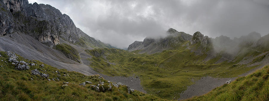 Mountain Photograph - Panoramic view in high mountain with clouds approaching, Preasolana by Nicola Aristolao
