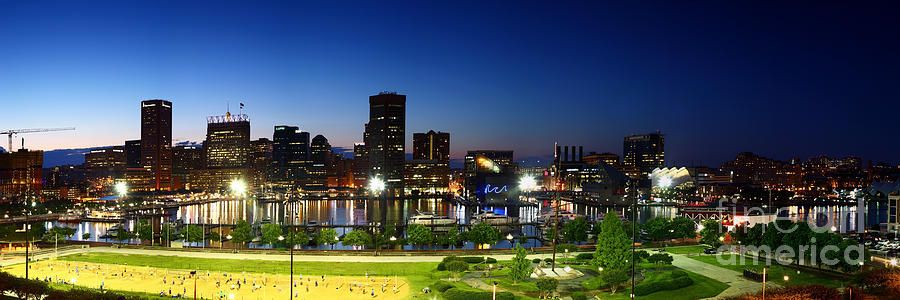 Panoramic View of Baltimore Beach and Inner Harbor at Twilight Photograph by James Brunker