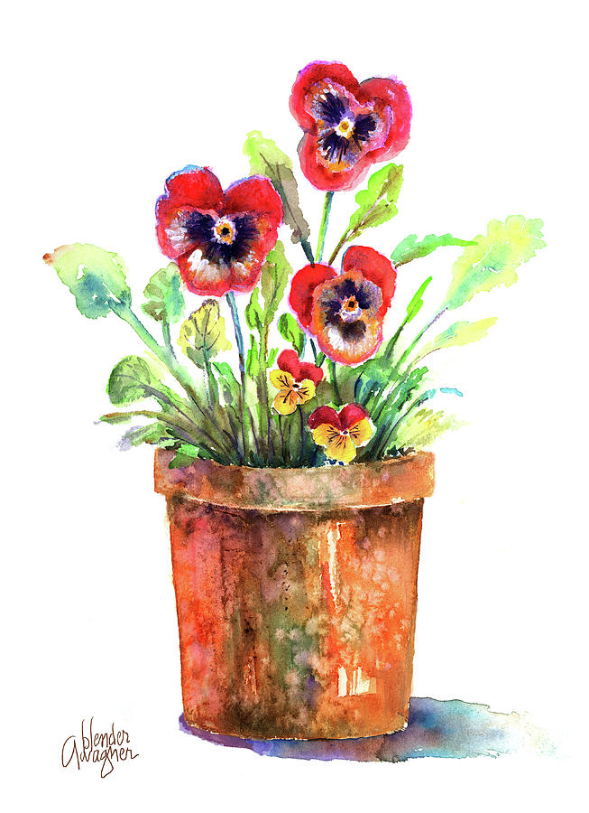Pansies In A Clay Pot Painting by Arline Wagner