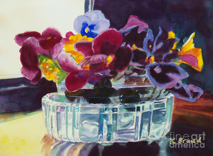 Pansies in Crystal Vase   Painting by Kathy Braud