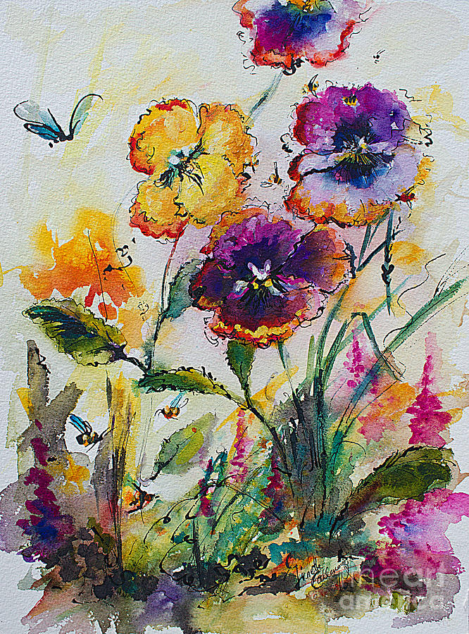 Pansies In My Garden Watercolor and Ink Painting by Ginette Callaway