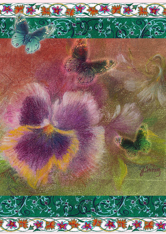 Pansy Butterfly Asianesque border Painting by Judith Cheng