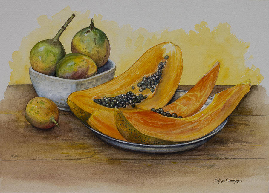 Papaya and maracuja Painting by Yuliya Glavnaya