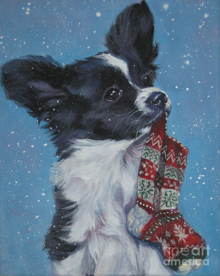 Christmas Painting - Papillon puppy with xmas stocking by Lee Ann Shepard