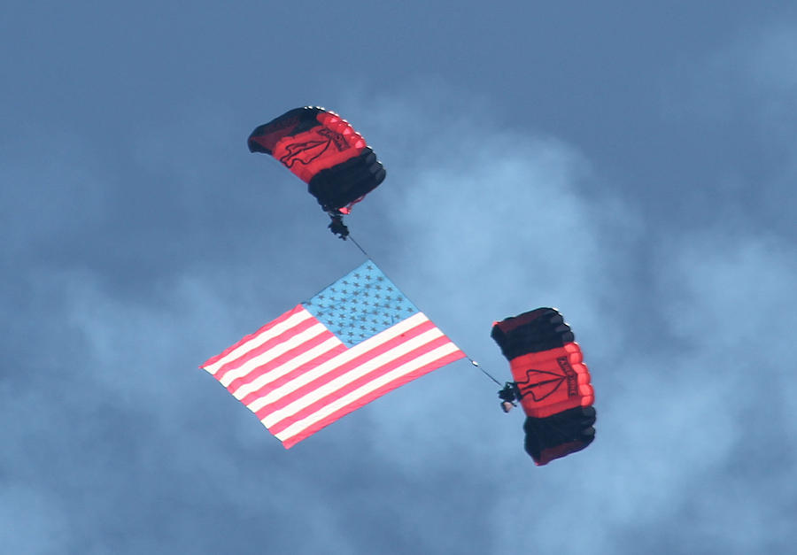 United States Photograph - Parachuting With Our US Flag by Robert Banach