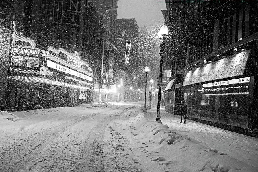 Paramount Snowstorm Boston MA Washington Street Black and White Photograph by Toby McGuire