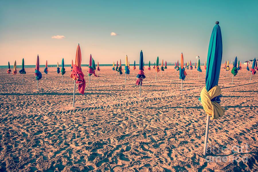 Summer Photograph - Vintage parasols on the beach of Deauville, France by Delphimages Photo Creations
