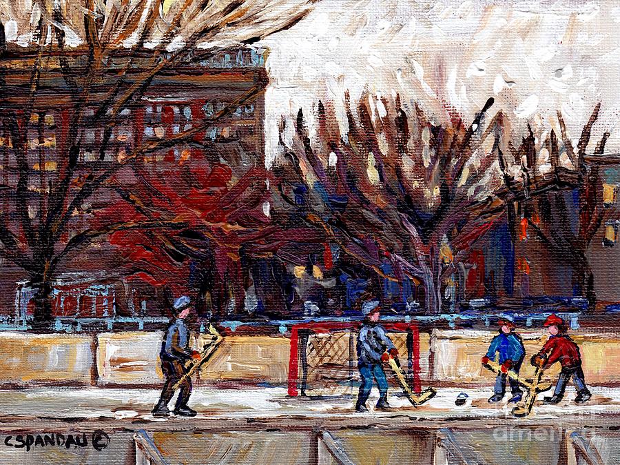 Parc Lafontaine Hockey Rink Painting Montreal East Winter City Scene Quebec Art C Spandau Painting by Carole Spandau