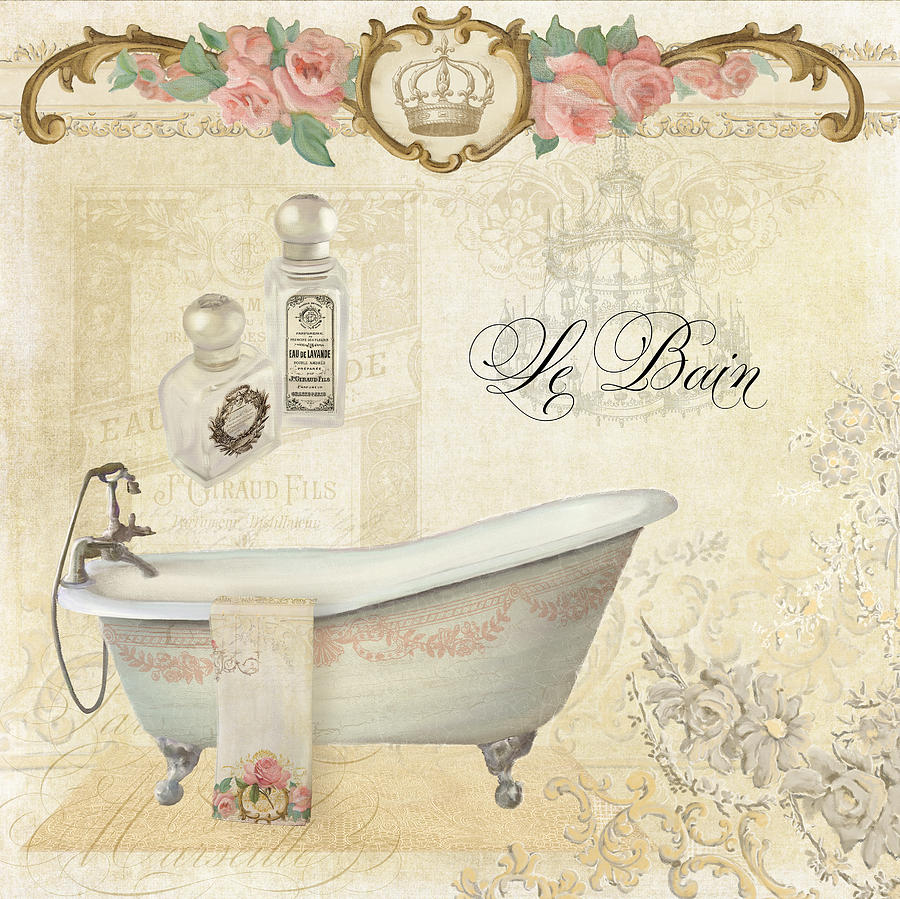 Paris Painting - Parchment Paris - Le Bain or The Bath Chandelier and tub with Roses by Audrey Jeanne Roberts