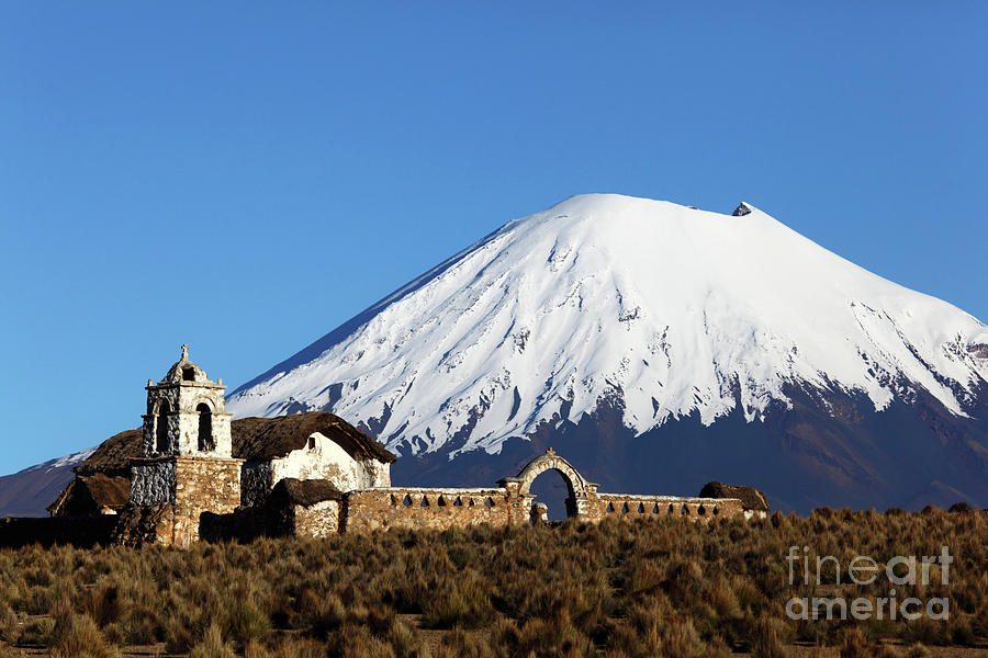 Parinacota Volcano and Lagunas Village Church Bolivia Photograph by James Brunker