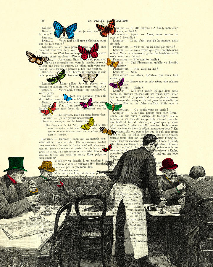Paris Digital Art - Inside a french bistro at Paris and rainbow butterflies by Madame Memento
