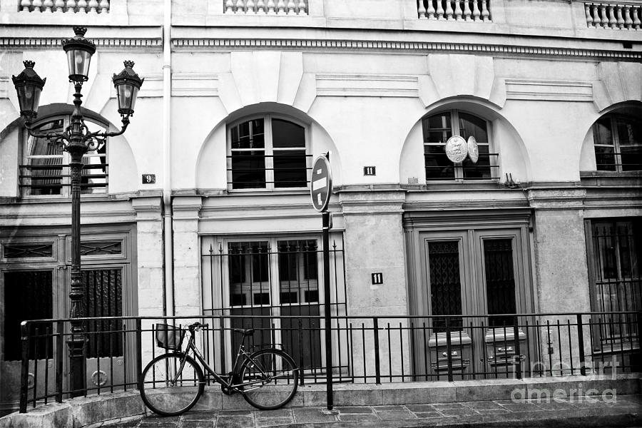 Paris Bicycle Street Lanterns Architecture Black and White Art Deco - Paris Black and White Wall Art Photograph by Kathy Fornal