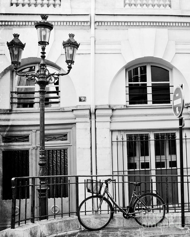 Paris Bicycle Photograph - Paris Black White Bicycle Architecture Windows Street Lanterns Bicycle Print - Paris Street Bicycle by Kathy Fornal