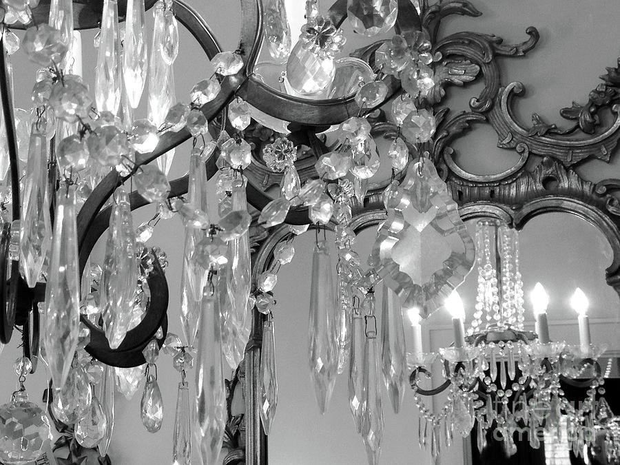 Paris Black White Crystal Chandelier Mirrored Wall Decor -Parisian Black White Chandelier Prints Photograph by Kathy Fornal