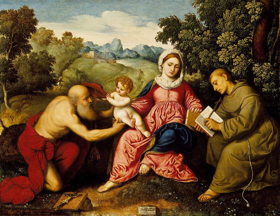 Paris Bordone - Madonna and Child with Saints Jerome and Francis ...