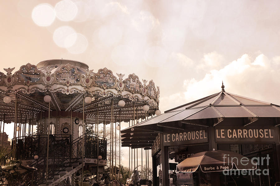 Paris Carousel Merry-Go-Round Sepia - Carousel at Eiffel Tower Le Carrousel Morning Lights Photograph by Kathy Fornal